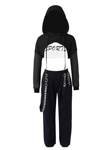 iiniim Mädchen Sport Set Langarmshirt Crop Tops + Sport BH Bustier + Cargohose Kinder Sport Trikot Hip Hop Kleidung Street Dance Outfits Gr.98-176 Aa Schwarz A 122-128 von iiniim