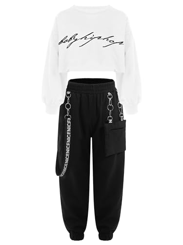 iiniim Mädchen Sport Set Sweatshirt Pullover + Cargohose Trainingsanzug Kinder Hip Hop Kleidung Jazz Street Dance Outfits Gr.98-176 Ba Weiß 158-164 von iiniim