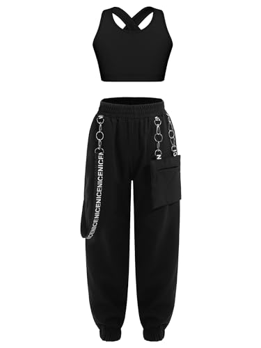 iiniim Kinder Hip Hop Kleidung Mädchen Trainingsanzug Sport BH Bustier Crop Tops + Cargohose Jogginganzug Street Dance Jazz Tanzkleidung Schwarz 170-176 von iiniim