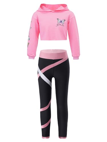 iiniim Mädchen Trainingsanzug Sport Set Schmetterling Druck Sweatshirt Crop Tops + Hose Leggings Jogginganzug Fitness Jazz Hip Hop Kleidung Streetwear Rosa 146-152 von iiniim