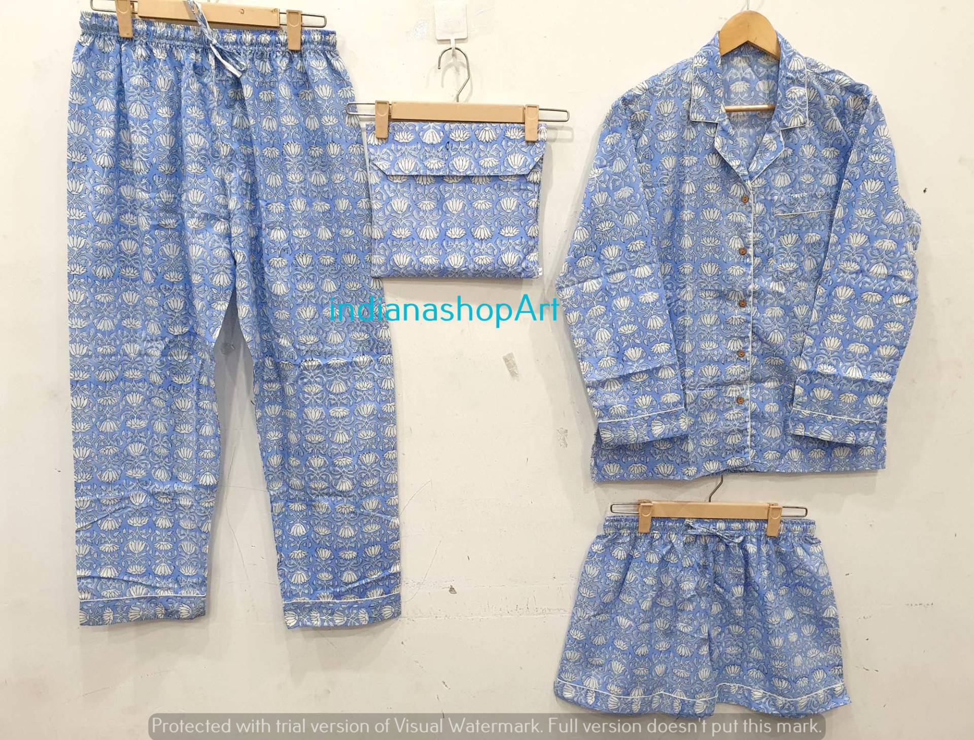 Pyjama-Set Aus Baumwolle| Kleid Mit Handblockdruck| Damen Nachtkleid| Leichtes, Ultraweiches Nachtkleid | Damen-Baumwollhosen-Shirt-Set Shorts-Set von indianashopArt