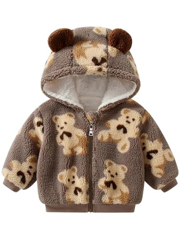 inlzdz Baby Jungen Mädchen Winterjacke Kapuzenmantel Fleece Jacke Mit Kapuze Reißverschluss Umhangjacke Dicke Warme Oberbekleidung Wintermäntel Braun 86-92 von inlzdz