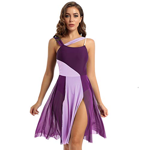 inlzdz Damen Ballettkleid Lange Tanzkleid mit Mesh Rock Ärmellos Ballett Trikot Body Turnanzug Leotard Kleid für lyrischen Modern Tanz Dancewear Violett S von inlzdz