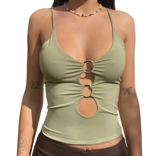 inlzdz Damen Camisole Y2K Spaghettiträger Crop Top mit O-Ring Low Cut Bikinioberteil Bralette Rückenfrei Ärmellose Weste Schnür Leibchen Sommertop Kurzes T-Shirt Grün B L von inlzdz