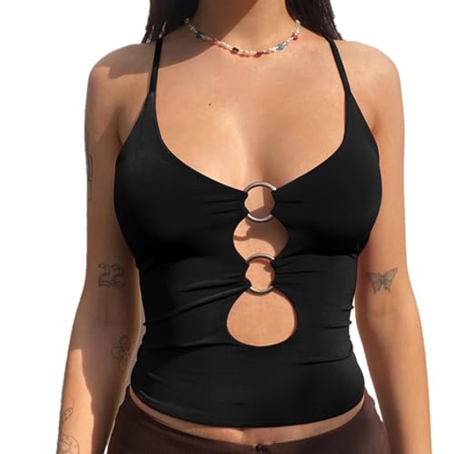 inlzdz Damen Camisole Y2K Spaghettiträger Crop Top mit O-Ring Low Cut Bikinioberteil Bralette Rückenfrei Ärmellose Weste Schnür Leibchen Sommertop Kurzes T-Shirt Schwarz M von inlzdz