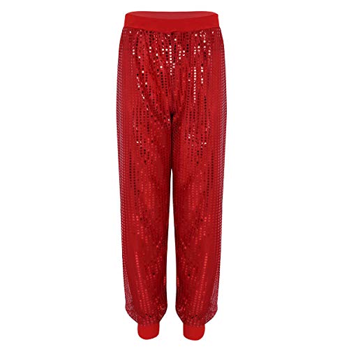 inlzdz Damen Hose Gllitzer Pailletten Tanzhose Hip-Hop Jazzpants Glänzend Haremshose Lange Hose Pants für Karneval Fasching Tanzkostüm Rot XXL/3XL von inlzdz