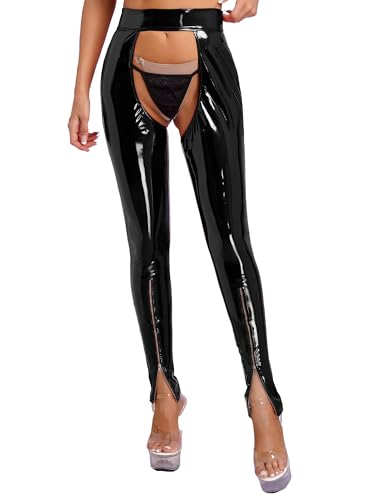 inlzdz Damen Wetlook Leggings Lederhose Glänzend Offen Ouvert-Hose Dessous Strumpfhose Pantyhose Lange Pants Reizwäsche Clubwear Schwarz F Schwarz XL von inlzdz