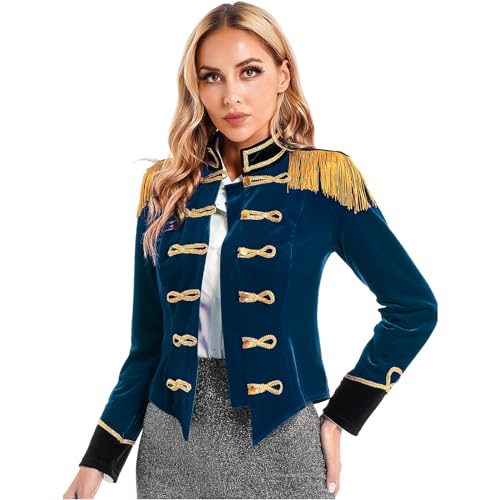 inlzdz Damen Zirkus Ringmaster Kostüm Halloween Cosplay Langarm Tailcoat Samt Board Jacke Mantel Zirkusdirektorin Sexy Faschingskostüm Weihnachten Karneval Dunkelblau A 3XL von inlzdz