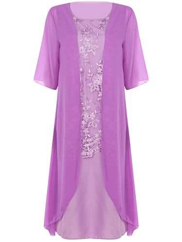 inlzdz Damen Zweiteiliges Sommer Kleidung Set Chiffon Cardigan Schulterjacke Durchsichtige Robe Blumendruck Sommerkleid Tank Kleider Violett 3XL von inlzdz