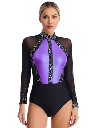 inlzdz Eiskunstlauf-Body Damen Turnanzug Gymnastik Leotard Tanz-Body Langarm Ballettbody Balletttrikot Metallic Gymnastikanzug Ballettanzug Helles Lila M von inlzdz