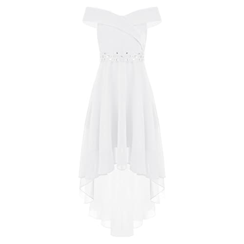 inlzdz Elegant Mädchen Chiffon Blumenmädchenkleider Schulterfrei Chiffon Partykleid Tüllkleid mit Perlengürtel Brautjungfernkleid Kommunionkleid Hochzeit Geburtstag Weiß 134-140 von inlzdz