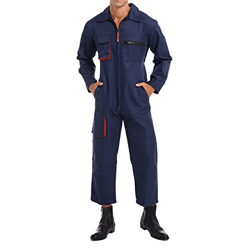 inlzdz Herren Arbeitsoverall Jumpsuit mit vielen Taschen Atmungsaktive Arbeitskleidung Overall Frontreißverschluss für Mechaniker Handwerker Reiniger Dunkelblau L von inlzdz