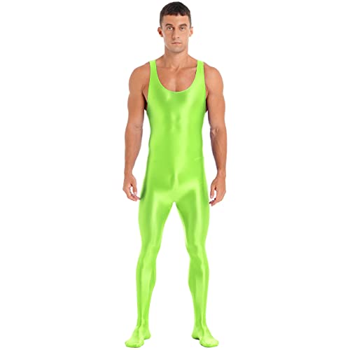 inlzdz Herren Ganzkörper Overall Ärmellos Einteiler Jumpsuit Bodysuit Gymnastikanzug Slim Fit Sportbody Männer Glossy Unterhemd Catsuit Clubwear Fluorescent XL von inlzdz