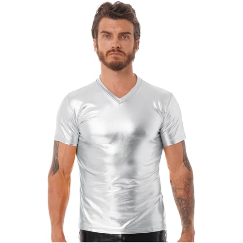 inlzdz Herren Hemd Metallic Glänzend T-Shirt Kurzarm/Langarm Silber Hemd 70er 80er Disco Party Kostüm V-Ausschnitt Schlankes Top Musik Festival Bronzing Nachtclub Top Type B Silver XL inlzdz Herren Hemd Metallic Glänzend T-Shirt Kurzarm/Langarm Silber Hemd 70er 80er Disco Party Kostüm V-Ausschnitt Schlankes Top Musik Festival Bronzing Nachtclub Top Type B Silver XL von inlzdz