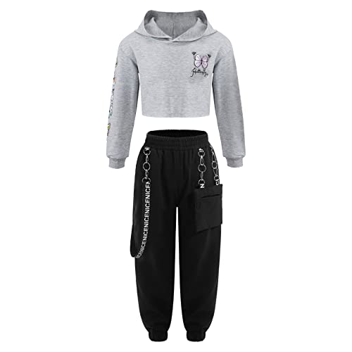 inlzdz Jogginganzug Kinder Mädchen Hip Hop Dance Kleidung Set Hoodie Kapuzenpulli Schmetterling gedruckt Sweatshirt Hose Jogginghose Cargohose für Jazz Tanz Outfits Grau 146-152 von inlzdz