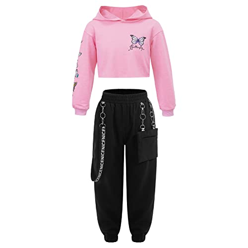 inlzdz Jogginganzug Kinder Mädchen Hip Hop Dance Kleidung Set Hoodie Kapuzenpulli Schmetterling gedruckt Sweatshirt Hose Jogginghose Cargohose für Jazz Tanz Outfits Rosa 134-140 von inlzdz