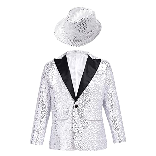 inlzdz Jungen Pailletten Smoking Sakko Jacke mit Hut Gentleman Jacke Smoking Hochzeit Geburtstag Party Outfits Tanzkleidung Performance Party Kostüm Silber 146-152 von inlzdz