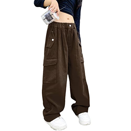 inlzdz Kinder Mädchen Cargohosen Jogginghose Baumwolle Haremshose Trainingshose Cargo Lange Hosen Elastischer Bund Sporthose Sweathose Freizeithose Braun 146-152 von inlzdz