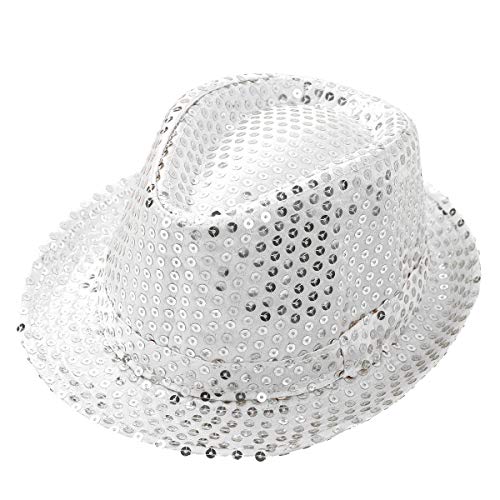 inlzdz Kinder Paillettenhut Jungen Mädchen Glitzer Hut Hip Hop Disco-Hut Trilby Hut Blink Fedora Hut für Silvester Party Karneval Fasching in 6 Farbe Weiß One Size von inlzdz