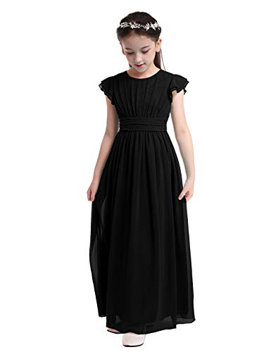 inlzdz Mädchen Kleider Festlich Prinzessin Kleid Lange Blumenmädchenkleid Sommer Hochzeit Chiffon Partykleid Kommunion Kleid Gr.104-164 Schwarz 164 von inlzdz