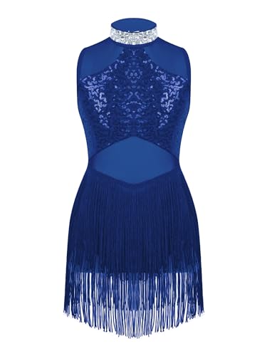 inlzdz Mädchen Pailletten Eiskunstlauf-Kleid Tanzkleid Gymnastik Trikots mit Quaste Glänzend Ballettbody Tanzbody mit Fransen Jazz Latein Kleider Tanzkleidung Royal Blau 134-140 von inlzdz