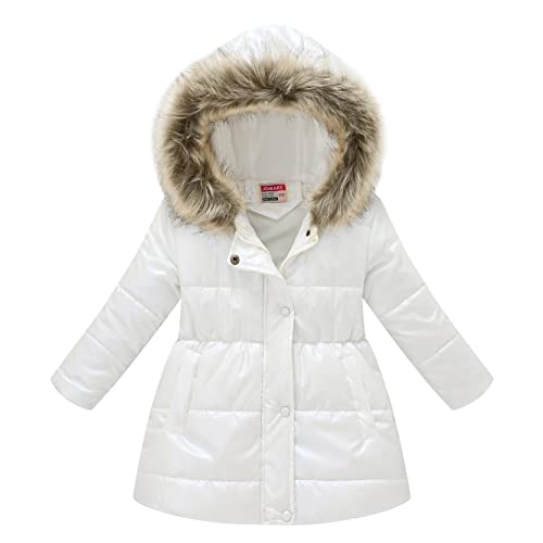 inlzdz Mädchen Winterjacke mit Fellkapuze Kinder Wintermantel Übergangsjacke Winddicht Baumwolle Steppjacke mit Reißverschluss Warm Parka Jacke Mantel Oberbekleidung Weiß 134-140 von inlzdz