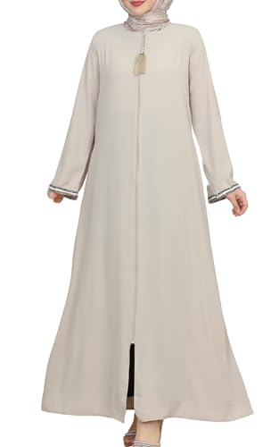 istanbul styles Damen-Abaya, langärmelig, offener Steinbruch, bodenlang, Reißverschluss, bodenlang, türkisch-islamische Mode (DE/NL/SE/PL, Alphanumerisch, L, Regular, Regular, Beige) von istanbul styles