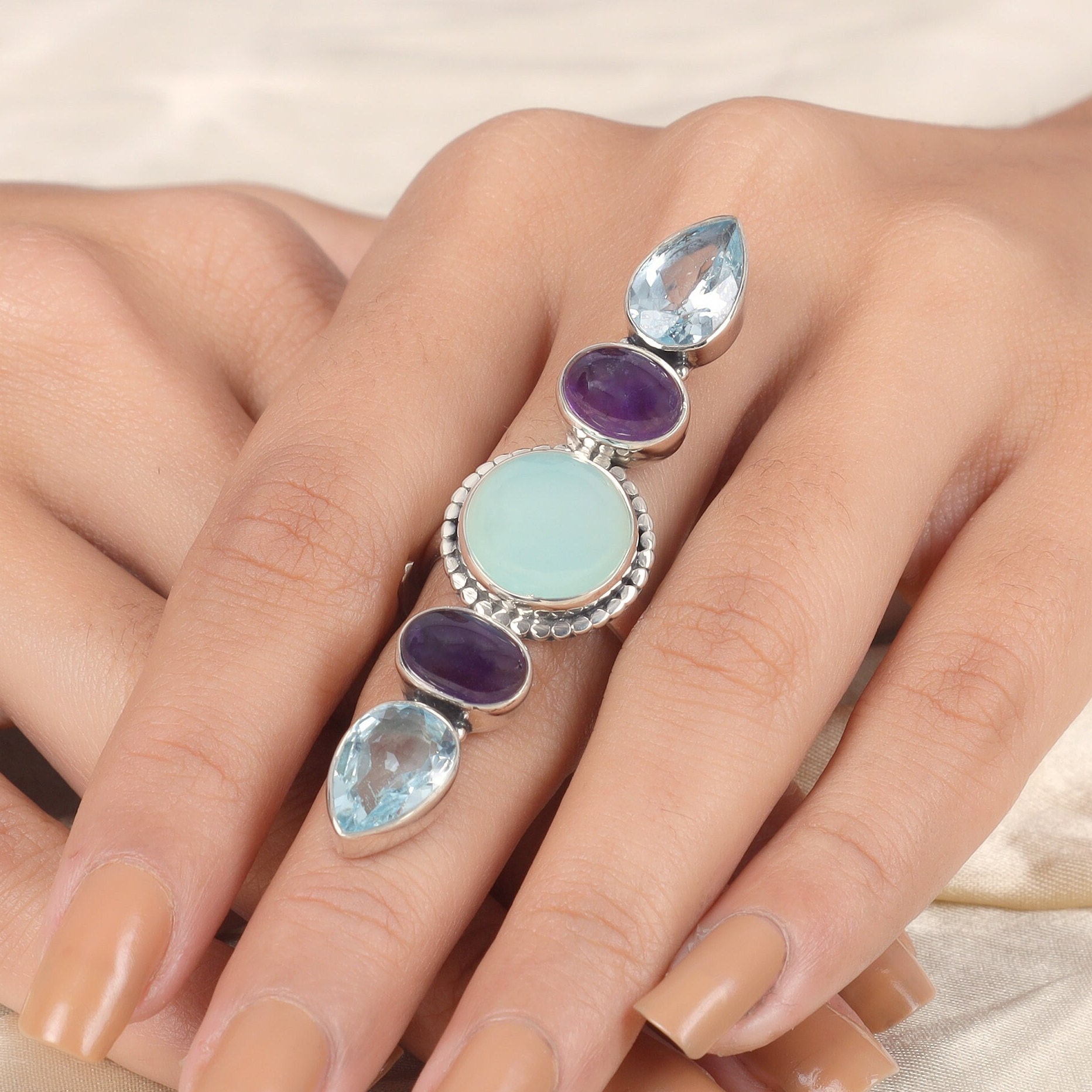 Aquamarin Ring, Amethyst Blauer Topas 925 Silber Statement Frauen Langer Boho Ring Schmuck, Cocktail von jewelrygemshouse