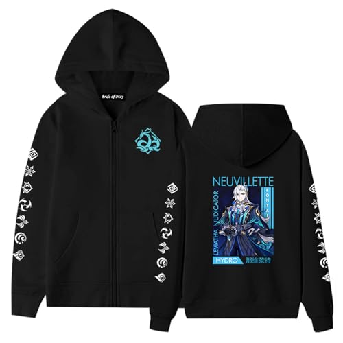 jiminhope Anime Game Genshin Impact Neuvillette Sweat Full Zip Up Kapuze Neuvillette Strickjacke Sweater mit Taschen von jiminhope