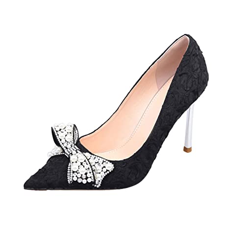 jonam High Heels Elegant Pearl Bowknot Pumps Women Slip On Stiletto Heels Wedding Bridal Shoes Woman High Heels Dress Party Shoes(Color:Black,Size:39 EU) von jonam