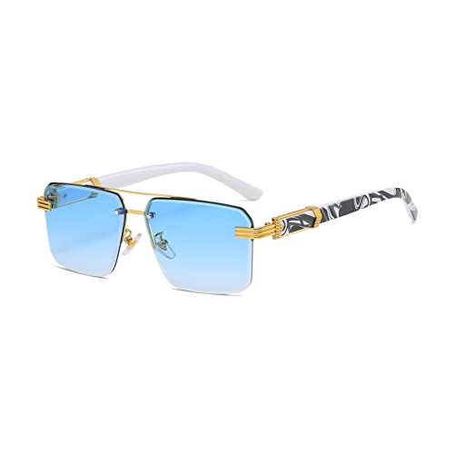 kachawoo Flattop Sonnenbrille Mit Tattoo Muster Beine Dekorative Große Sonnenbrille Rimless Rechteckige Farbtöne Unisex (blue lens) von kachawoo