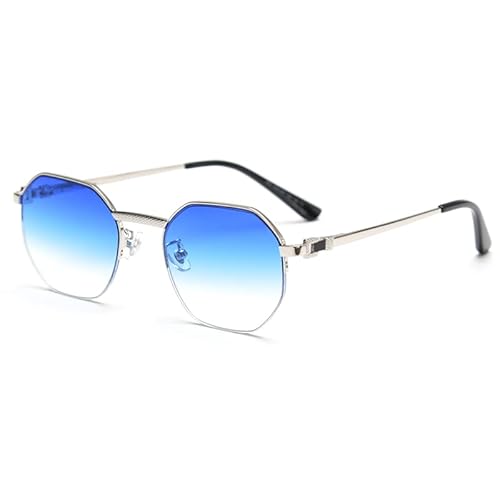 kachawoo Polygon Gradient Lens Sonnenbrille für Damen Halbrahmen Metall Vintage Sonnenbrille Achteckig Brand Design Eyewear UV400 Schutz (silver with blue) von kachawoo