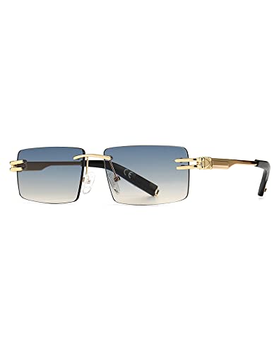 kachawoo Randlose Herren-Sonnenbrille mit Verlaufslinsen, Retro-Rechteck-Sonnenbrille für Männer und Frauen, rahmenlose Brille, modisches Markendesign (blue brown lens) von kachawoo