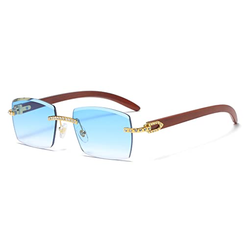 kachawoo Strass Sonnenbrille mit Imitation Holz Maserung Beine Diamant Sonnenbrille Mode Randlose rechteckige Brillen (gold with blue) von kachawoo