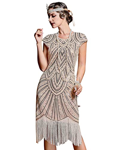 kayamiya Damen Flapper Kleider 1920er Vintage Perlen Fransen Great Gatsby Kleid mit Ärmeln Roaring 20er Jahre, Beige, XX-Large von kayamiya