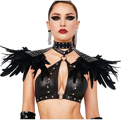 keland Gothic Leder Feder Epauletten Schulterklappen Schulterschmuck Umhang Schultertuch mit Halsreif Punk Halloween Kostüm Accessoire (C-Schwarz) von keland