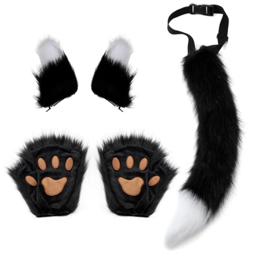 keland Katzenohren Plüsch Pfoten Handschuhe Wolf Schwanz Halloween Cosplay Kostüm Zubehör (Schwarz) von keland