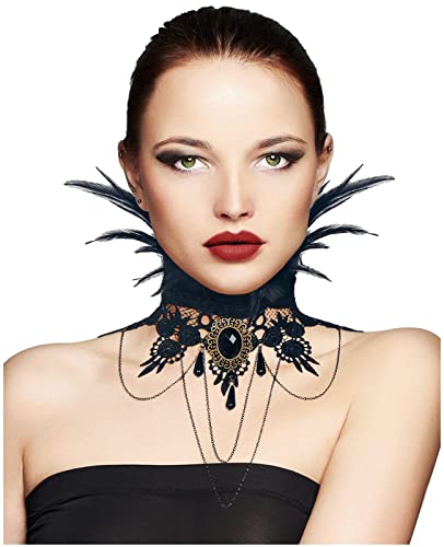 keland Romantic Goth Feder Spitze Kropfbänder Kragen Halskette Halsband mit Kette Quaste Steam Punk Zubehör Frauen (B-Schwarz) von keland