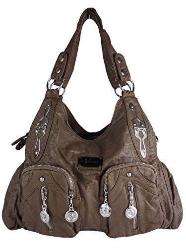 kennydoo Große Damen-Handtasche im Hobo-stil, geräumig, mehrere Fächer, gewaschenes Leder-PU, Schultertasche, modern & sportlich, Tote-bag, Umhängetasche für Damen (grau 13216) von kennydoo