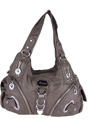 kennydoo Große Damen-Handtasche im Hobo-stil, geräumig, mehrere Fächer, gewaschenes Leder-PU, Schultertasche, modern & sportlich, Tote-bag, Umhängetasche für Damen (grau KM1629) von kennydoo