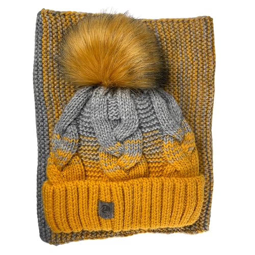 kennydoo Mütze & Schal Set achti I 2 teilig I Damen Kombi - Beanie mit großem Bommel und Loop I kuschelig gestrickt (senfgelb/grau) von kennydoo