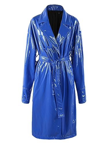 keusyoi Herbstlicher Langer Blauer Lack-Kunstleder-Trenchcoat Für Damen, Schärpen, Übergroßer Windjacke-Revers-Mantel von keusyoi