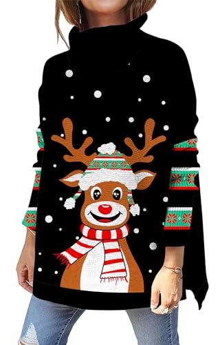 kids4ever Damen Weihnachtspullover Rollkragenpullover Elch Aufdruck Weihnachtspulli Langarm Rollkragen Seitenschlitz Weihnachten Strickpullover Christmas Sweater Schwarz S von kids4ever