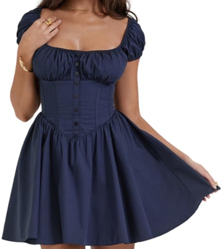 kiobrvhe Lässiges Party-Minikleid für Damen, elegant, quadratischer Ausschnitt, Farbblock, Sommer, Babydoll, hohe Taille, Kleid mit Knöpfen, A Blue, Klein kiobrvhe Lässiges Party-Minikleid für Damen, elegant, quadratischer Ausschnitt, Farbblock, Sommer, Babydoll, hohe Taille, Kleid mit Knöpfen, A Blue, Klein von kiobrvhe