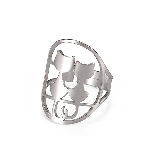 kkjoy Katzen-Ring aus Edelstahl Verstellbar Niedliche Katzen Offener Fingerring Modeschmuck Geschenk für Frauen und Mädchen von kkjoy