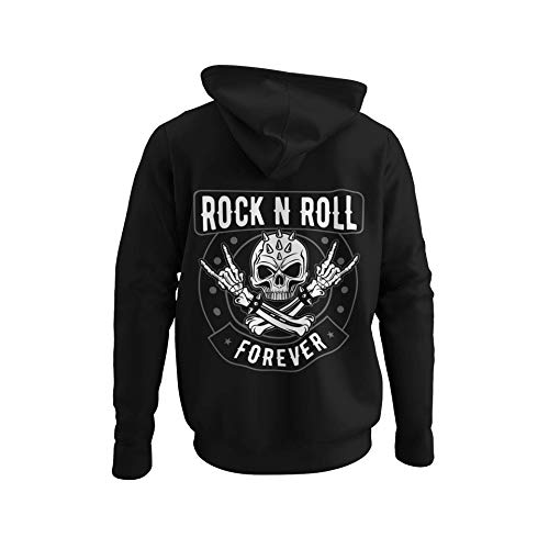 Rocker Männer Pullover mit Kapuze Rock n Roll Forever - Biker Kapuzenpullover Hoodie Herren für Death Rock Fans Heavy Metal Sweatshirt Gothic Regular Fit Baumwolle Schwarz S-5XL (L) von knut Fashion & Streetwear