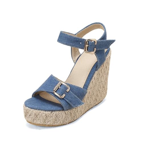 kosopse Damenschuhe 44 Sommer Gürtelschnalle Fischmaul Geflochtene Linie Schnalle Damen High Heel Sandalen Schuhe Mit Absatz Für Damen Elegant (Blue, 38) von kosopse