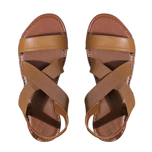 kosopse Sommer Damenschuhe Pumps Flacher Boden, elastisches Band, römische Strandschuhe, offene Zehen Weiße Sneaker Schuhe Damen Stoff (Brown, 38) von kosopse