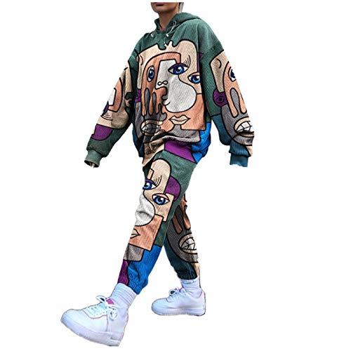 WFRAU Graffiti Drucken Trainingsanzug für Damen 2 Stück Mode Streetwear Lose Sportanzug Langarm Sweatshirt Pullover Tops + Lange Hose Frauen Jogginganzug Set Outfits Freizeitanzug Loungewear von kowaku