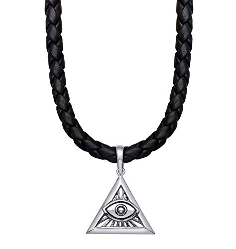 Kuzzoi Herren Leder-Halskette mit Gottesauge Anhänger (22mm) aus 925 Sterling Silber oxidiert, Echtleder Herrenkette geflochten für den Mann, Länge 50cm, 0101670719_50 von Kuzzoi